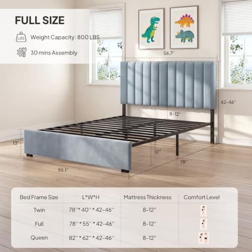 Welzona Full Size Velvet Upholstered Bed Frame with Tufted Headboard, Blue