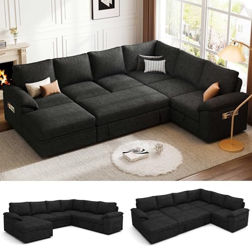 106'' Modular Sectional Sofa with Pull Out Bed, Sleeper Sofa, Black