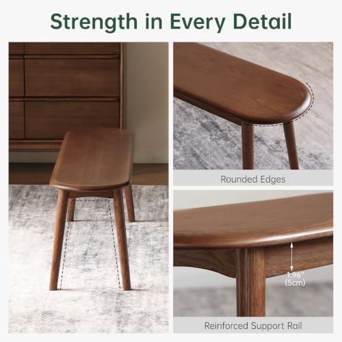 100% Solid Oak Dining Bench, Wood Bench for End of Bed with Rounded Corners, Entryway Benches for Farmhouse, Kitchen, Living Room(Walnut,12" L x 47.2" W x 16.2" H)