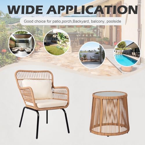 3 Piece Outdoor Wicker Furniture Bistro Set, Rattan Chairs Conversation Sets Wicker Patio Furniture for Balcony Poolside Backyard, Yellow/Beige