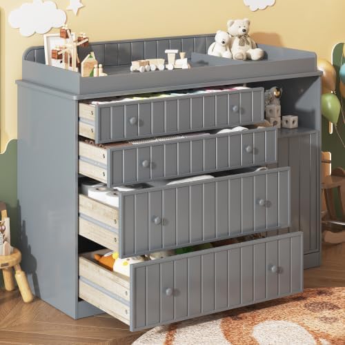 Grey Changing Table Dresser with 4 Drawers, Baby Nursery Diaper Table