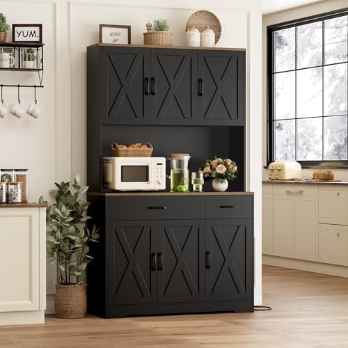 HOSTACK 71"H Kitchen Pantry Storage Cabinet, Farmhouse Hutch Cabinet, Black