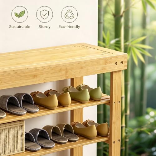 Bamboo Shoe Rack Bench 3-Tier Shoe Storage Organizer Entryway Bench for Entryway Bathroom Bedroom，Natural