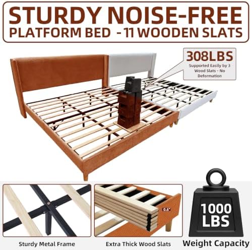 King Corduroy Upholstered Platform Bed with Headboard Wingback, Ocher