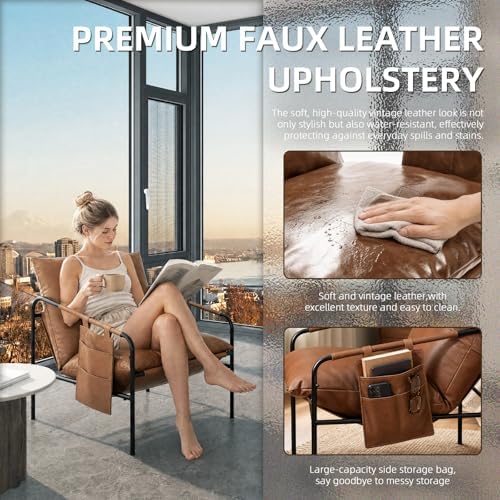 TOLVIN Modern Accent Chair, Comfy Armchair, Waterproof Living Room Chair with Storage Pocket,Upholstered Lounge Chairs with Metal Frame for Reading Nook, Bedroom, Dorm, Office, Brown