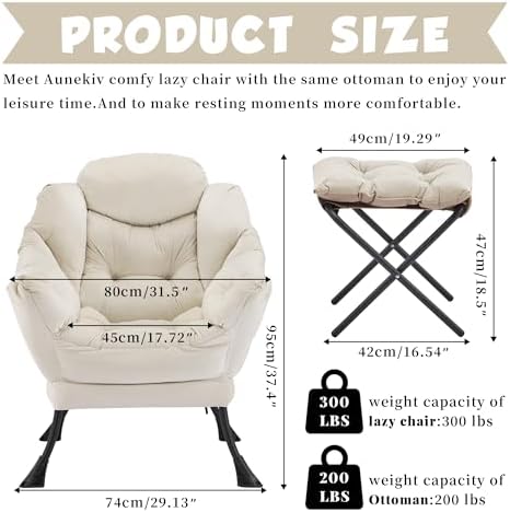 Lazy Chair with Ottoman, Comfy Reading Chair, Ivory