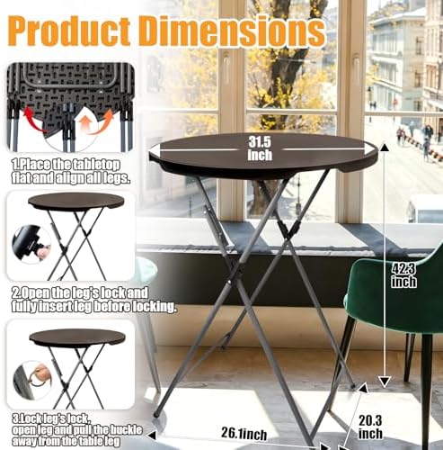 GUAGUA 32in Folding Cocktail Table, Bar Height, Round,High Top,Brown
