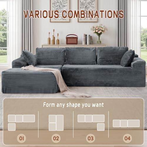 Korser 110" L-Shaped Modular Sectional Sofa with Chaise, Boneless Comfy Corduroy Fluffy Couch with Deep Seat and Side Pockets, Flexible Module Combination for Living Room, No Assembly, Side Pockets