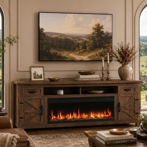 Fireplace TV Stand with Barn Door, 95 inch, Walnut