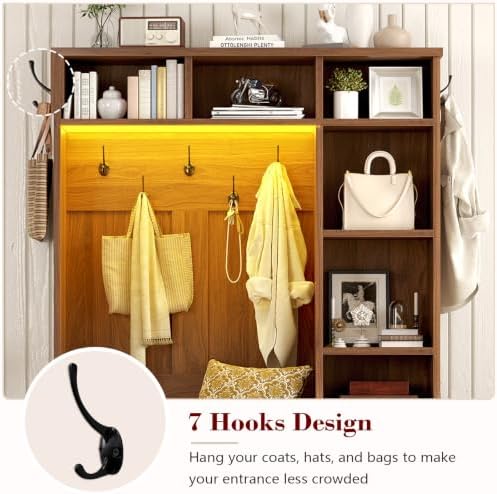 Hall Tree with Bench and Shoe Storage, Rattn Entryway Bench with Coat Rack