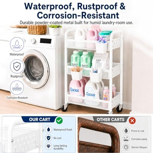 3 Tier Rolling Storage Cart Organizer, Metal Rolling Utility Carts on Wheels, White Art Cart with Hanging Cups and Hooks, Three Tiered Roller Trolley for Cleaning Supplies, Diaper Caddy, Craft, Nail