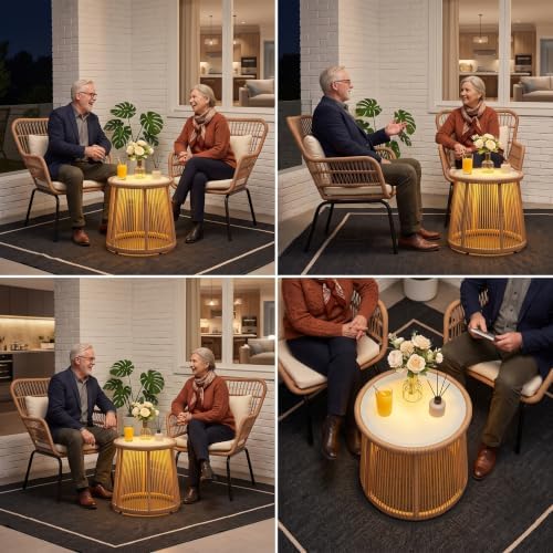 3 Piece Outdoor Wicker Furniture Bistro Set, Rattan Chairs Conversation Sets with Solar Light, Wicker Patio Furniture for Balcony Poolside Backyard, Beige