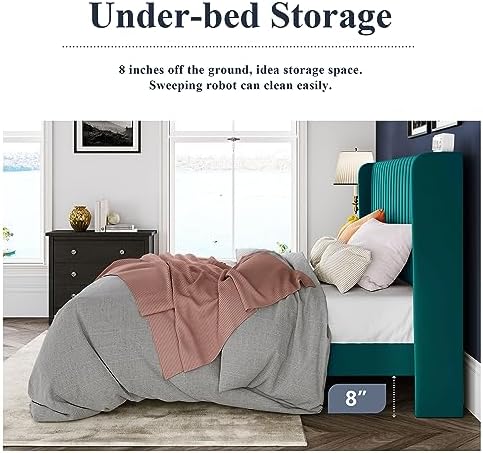Allewie Full Size Bed Frame/Velvet Upholstered Platform Bed/Vertical Channel Tufted Wingback Headboard/Strong Wooden Slats/No Box Spring Needed/Easy Assembly/Teal