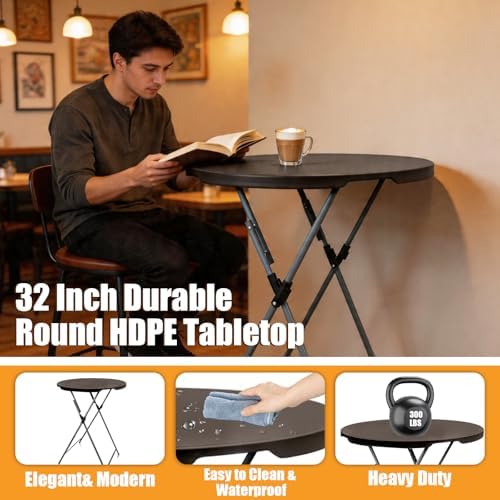 GUAGUA 32in Folding Cocktail Table, Bar Height, Round,High Top,Brown