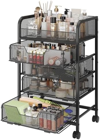 Hongtamoya Makeup Cart Organizer with 4 Drawers, Vanity Storage Organizer, Large Floor Skincare Organizers Cosmetics Display Cases for Skin Care Perfume Nail Polish, Black
