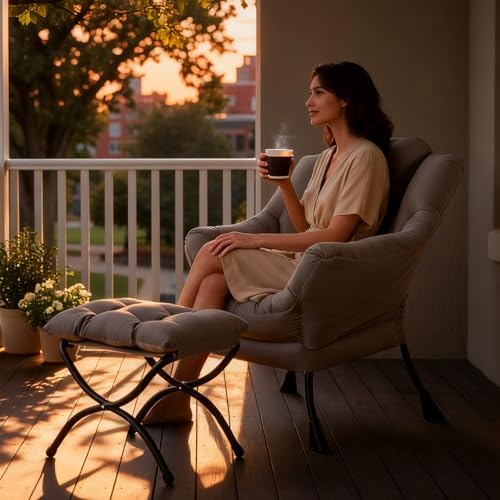 Tiita Lazy Chair with Ottoman, Comfy Reading Accent Chair, Khaki