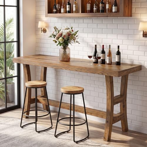 63-Inch Solid Wood Bar Table, Farmhouse Counter Height Pub Table with Footrest, Rectangular High Top Home Bar Units for Home Kitchen, Dining Room, Bistro (Without Chair, Retro Brown)