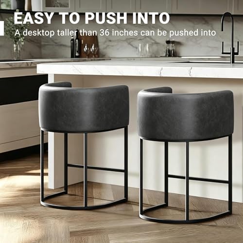 26" H Counter Height Bar Stools Set of 3, Modern Barrel Counter Stools with Backrest and Arms, Faux Leather Upholstered Accent Barstools for Kitchen Island,Support 450 LBS (Black)