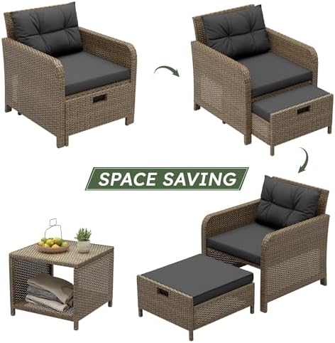 LHBcraft 5 Piece Patio Furniture Set, PE Wicker Outdoor Furniture Set with Soft Cushions & Coffee Table, Outdoor Lounge Chairs with Ottoman for Porch, Lawn, Balcony, Sand-Black