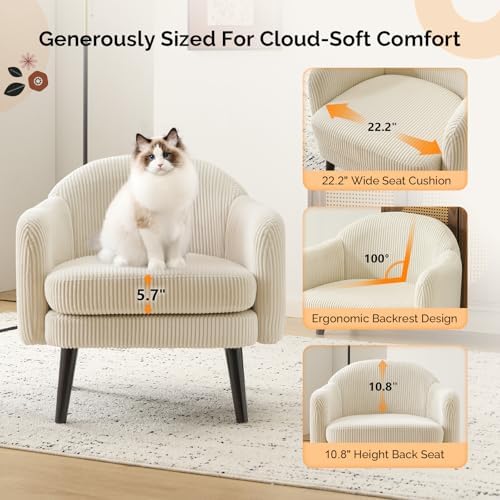 VINGLI 30.3" Wide Modern Barrel Accent Armchair with Track Armrest, Solid Wooden Legs, Comfy Upholstered Club Chair, Round Single Home Sofa for Living Room, Bedroom, Reading Room, Corduroy Beige