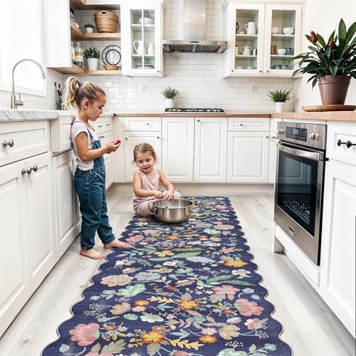 Washable Non-Slip Runner Rug 2x8: Water-Resistant Floral Kitchen Rug Indoor Low Pile Floor Mat for Living Room Bedroom Dining Room Ultra Soft Stain-Resistant Carpet for Pets Kids Family(2x8,Purple)