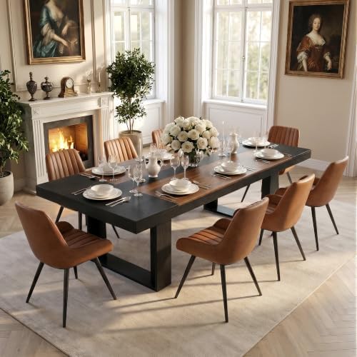 Miereirl 9-Piece Modern Farmhouse Dining Table Set, 86.6" x 47.2" Sturdy Stable Dining Table with 8 Chairs, Rectangular Kitchen Table Set for 8,(Black & Walnut Table+8 Brown Chairs)