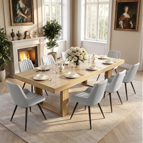 Miereirl 9-Piece Modern Farmhouse Dining Table Set, 86.6" x 47.2" Sturdy Stable Dining Table with 8 Chairs, Rectangular Kitchen Table Set for 8,(Natura Table+8 Grey Chairs)