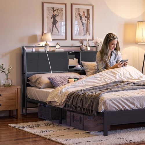 MAHANCRIS Headboard King Size with 2 Power Strips and Flip Door Storage