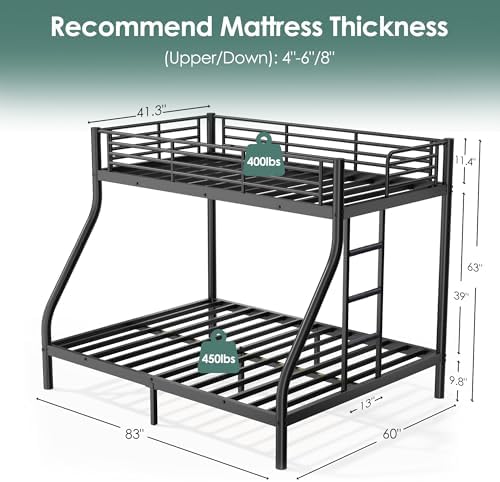 Bunk Beds Twin XL Over Queen, Heavy Duty Bunk Beds with Bottom Space & Guardrail Metal Bunk Bed Frame for Adults Teens Dorm Bedroom Guest Room, No Box Spring Needed（Black）