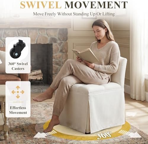 White Makeup Vanity Chair with Back & Wheels