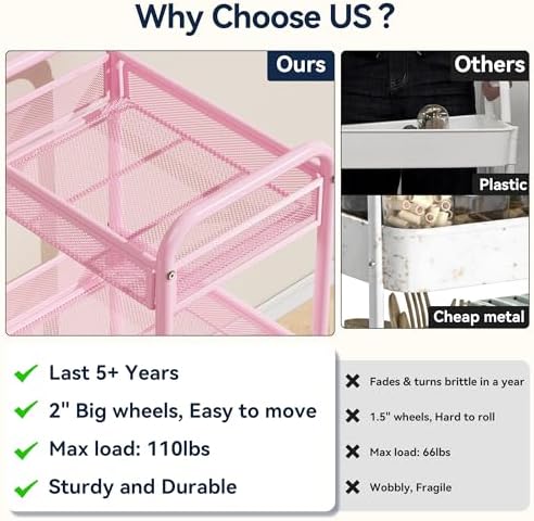 YASONIC 3 Tier Metal Rolling Cart, Pink Utility Storage Cart with Wheels
