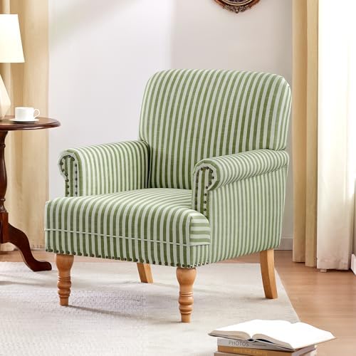 HUIMO Linen Fabric Accent Chair, Mid-Century Modern Upholstered Armchair with Solid Wood Legs, Comfy Reading Club Chair for Living Room Bedroom (1, Green and White Stripe)