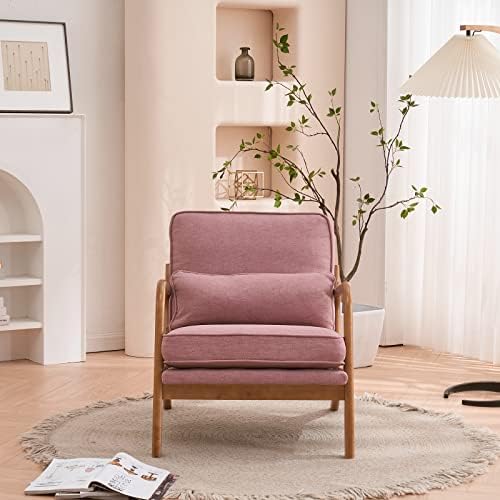 Bonnlo Pink Accent Chairs Set of 2, Upholstered Mid Century Modern Lounge Chairs Reading Chairs Side Sitting Chair Solid Wood Farmhouse Armchairs for Living Room, Bedroom, Guest Room
