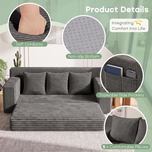 Boneless Couch for Living Room, 3 Seater Convertible Sofa Bed in Box, Grey