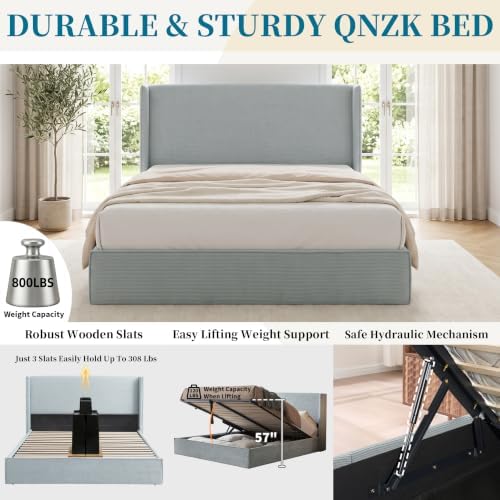 Queen Lift Up Storage Bed, Corduroy Platform Bed with Headboard, Light Blue