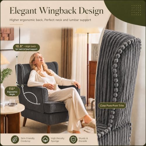 VINGLI 26" Wingback Accent Chair, Corduroy Armchair for Bedroom Living Room