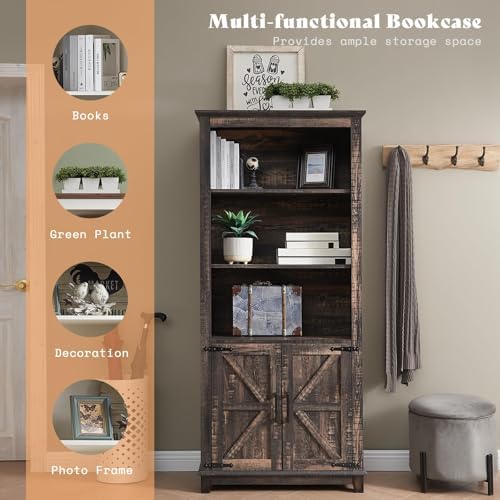 AMERLIFE 4 Piece Farmhouse Table Set, TV Stand, 2 Bookcases & Coffee Table, Entertainment Center for 65 Inch Television with Sliding Barn Doors & Storage Drawers, for Living Room, Bedroom, Oak Black