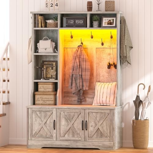 Hall Tree with Bench and Shoe Storage, LED Entryway Bench with Coat Rack