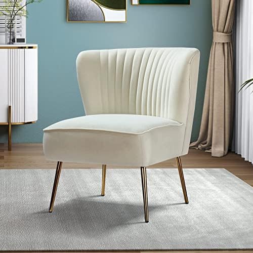 HULALA HOME Velvet Accent Chair, Modern Upholstered Cute Side Chair with Gold Metal Legs, Armless Wingback Slipper Chair Comfy Living Room Chair for Bedroom Guest Room Vanity,Ivory