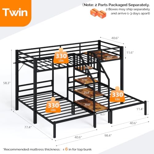 Bonnlo Metal Triple Bunk Bed with Stairs, Twin Over Twin Over Twin Bunk Beds for Kids,Teens and Adults, 3 People Bed, No Box Spring Needed,Black