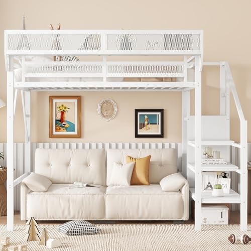 KEIKI Twin Size Metal Loft Bed Frame with Convertible Staircase, Built-in Storage Shelves & Wardrobe, Loft Bed with Solid Slats & Guardrail, No Box Spring Required, Easy Assembly, for Bedroom, White