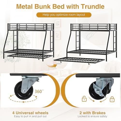 Nuturelly Twin Over Full Bunk Bed with Trundle, 400 lbs Capacity, Black
