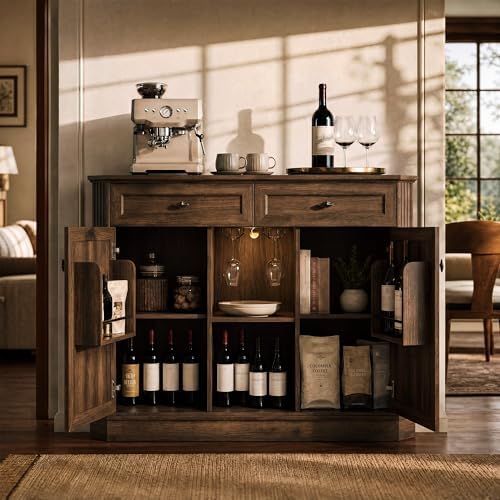 Walnut Coffee Bar with 2 Drawers & 2 Doors, LED Wine Bar Cabinet with Wine Glasses, Coffee Station with Built-in Outlets, Buffet Cabinet Sideboard with Extra Storage for Living Room Kitchen Entryway