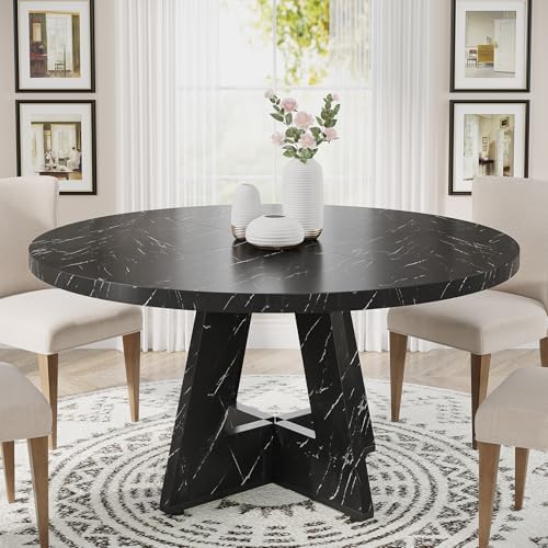 Tribesigns 47 inch Round Dining Table Wood Kitchen Table for Dining Room, 47" Dinner Room Tables for 4-6, Farmhouse Accent Furniture with Wooden Tabletop and Cross Base, Marbled Wood