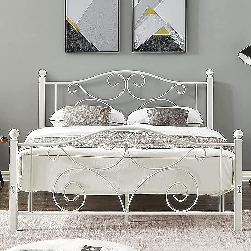 VECELO Full Size Bed Frame with Headboard and Footboard, Heavy Duty Metal Slat Support, Platform Mattress Foundation, No Box Spring Needed, Easy Assembly, White