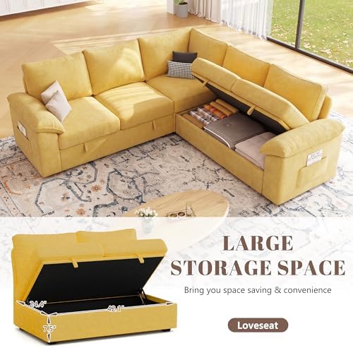 85'' Modular Sectional Sofa with Pull Out Bed, Sleeper Sofa, Yellow