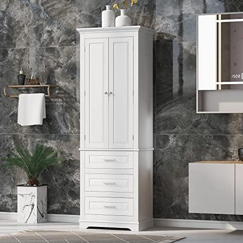 Polibi Tall Storage Cabinet with 3 Drawers, 3-Tier Adjustable Shelves & 2 Doors, Floor Freestanding Linen Cabinet for Bathroom, Living Room (White)