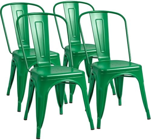 Furmax Metal Dining Chair Indoor Outdoor Use Stackable Classic Trattoria Chair Chic Dining Bistro Cafe Side Metal Chairs Set of 4 (Green)