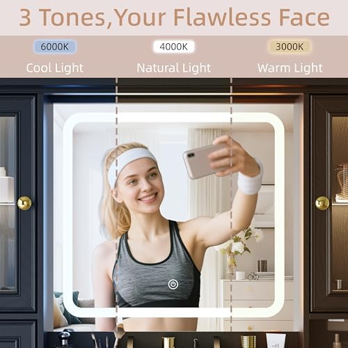 Vanity Desk with Mirror & Lights, Makeup Vanity with Power Outlet & USB Ports, Farmhouse Dressing Table, 6 Drawers & 4 Storage Cabinets, RGB Cabinet Lighting, 3-Color Dimmable Mirror