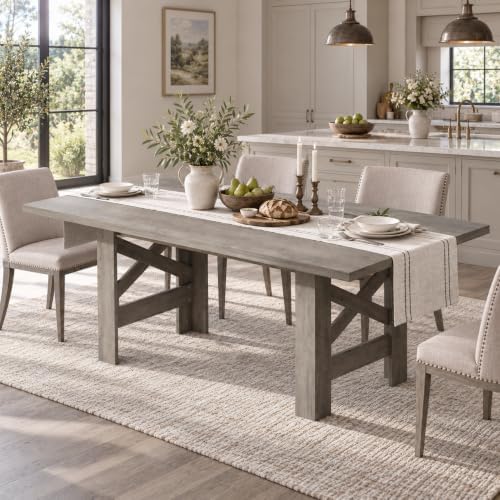 IDEALHOUSE 71"L Farmhouse Dining Table for 6-8, Rectangular Barn Wooden Kitchen Table with a Rock-Strong Thick Base, Triangular Legs, Long Dining Room Table for Office, Kitchen, Apartment, Rustic Gray